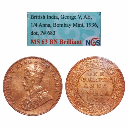 George V, Bronze, Quarter Anna, 1936, Bombay Mint, Dot. F. Prid 683. GK 1196. NGS Slabbed 