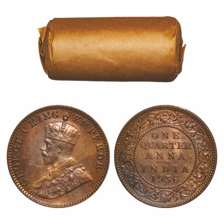 George V, Bronze, Quarter Anna, 1936, (Roll of 32 coins), Bombay Mint, Dot, 32 Coins in Im