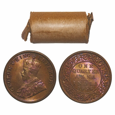 George V, Bronze, Quarter Anna, 1936, (Roll of 32 coins), Calcutta Mint, No dot, 32 coins 