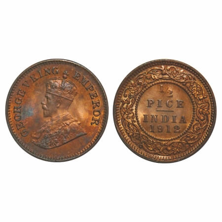 George V, Bronze, 1/2 Pice, 1912, Calcutta Mint, No mint mark. F. Prid 745. GK 1198. Mint 