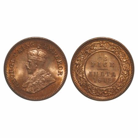 George V, Bronze, 1/2 Pice, 1912, Calcutta Mint, No mint mark. F. Prid 745. GK 1198. Mint 