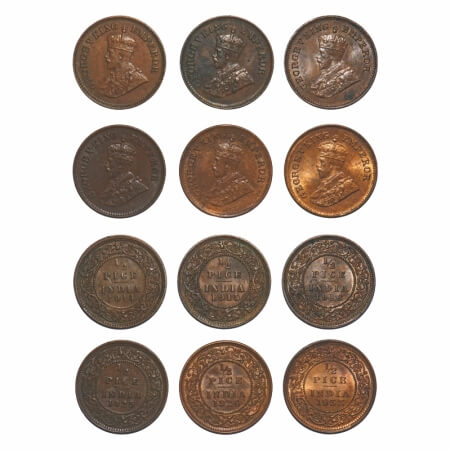 George V, Bronze, 1/2 Pice, (Lot of 6 coins), 1914, 1915, 1916, 1925, 1926, 1933, Calcutta