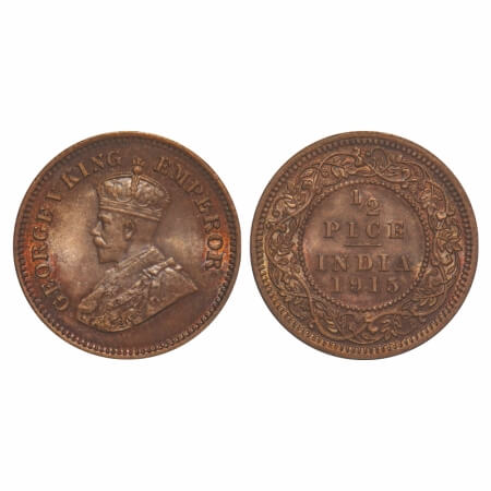George V, Bronze, 1/2 Pice, 1915, Calcutta Mint, No mint mark. F. Prid 748. GK 1201. Uncir