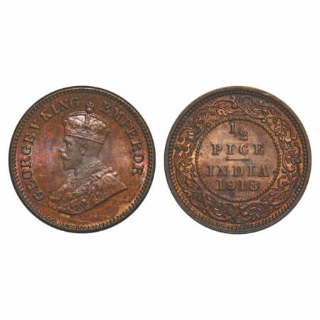 George V, Bronze, 1/2 Pice, 1918, Calcutta Mint, No mint mark. F. Prid 751. GK 1204. Mint 