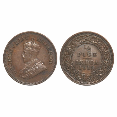George V, Bronze, 1/2 Pice, 1918, Calcutta Mint, No mint mark. F. Prid 751. GK 1204. About