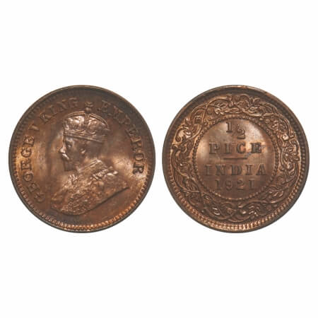 George V, Bronze, 1/2 Pice, 1921, Calcutta Mint, No mint mark. F. Prid 754. GK 1207. Brill