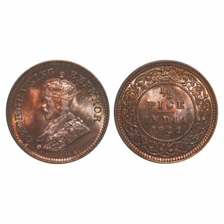 George V, Bronze, 1/2 Pice, 1922, Calcutta Mint, No mint mark. F. Prid 755. GK 1208. Mint 