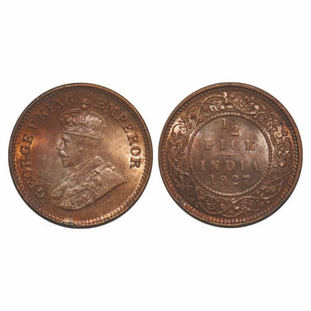 George V, Bronze, 1/2 Pice, 1927, Calcutta Mint, No mint mark. F. Prid 760. GK 1213. Mint