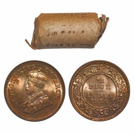 George V, Bronze, 1/2 Pice, 1934, (Roll of 24 coins), Calcutta Mint, No mint mark, Single