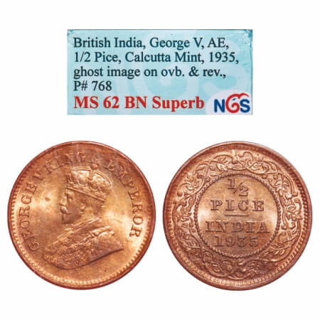 George V, Bronze, 1/2 Pice, 1935, Calcutta Mint, No mint mark, Ghost on Obv and Rev indica