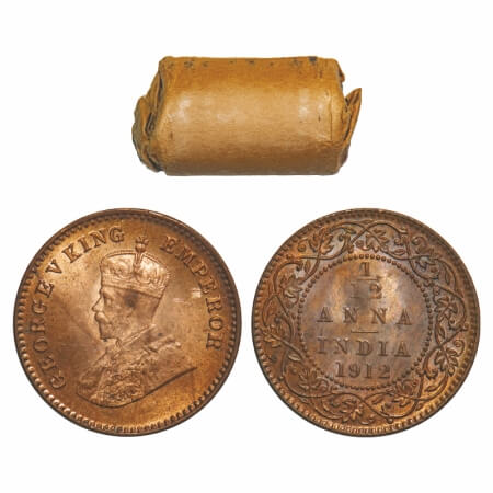 George V, Bronze, 1/12 Anna, (Roll of 24 coins), 1912, Calcutta Mint, No dot, Single mint 