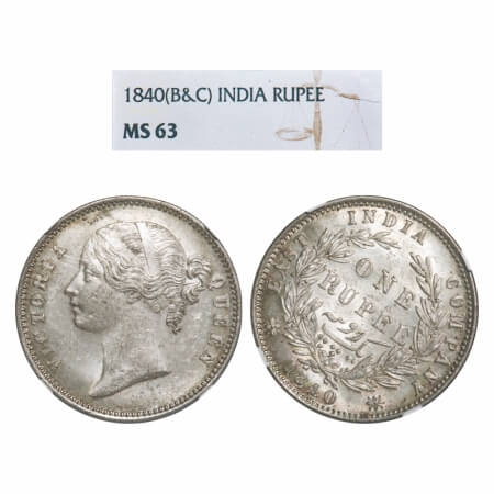 Victoria Queen, Silver, Rupee, 1840, DL, Calcutta Mint, W.W. raised, Wreath with 28 Berrie