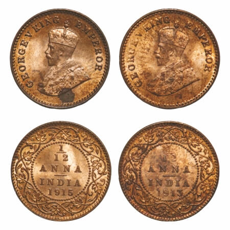George V, Bronze, 1/12 Anna, (2 coins), 1913, 1915, Calcutta Mint, No dot. F. Prid 828, 83