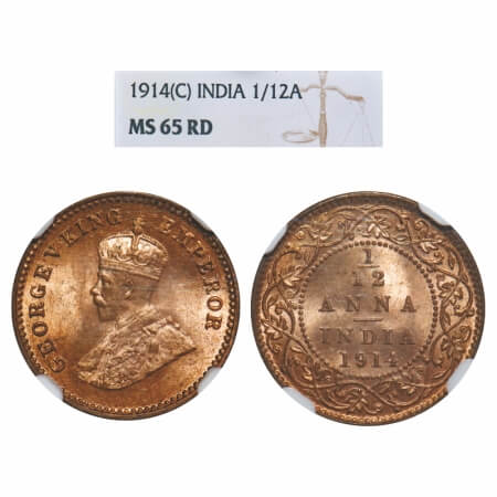 George V, Bronze, 1/12 Anna, 1914, Calcutta Mint, No dot. F. Prid 829. GK 1225. NGC Slabbe