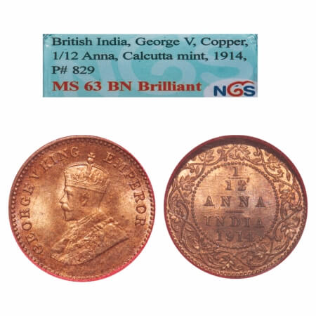 George V, Bronze, 1/12 Anna, 1914, Calcutta Mint, No dot. F. Prid 829. GK 1225. NGS Slabbe