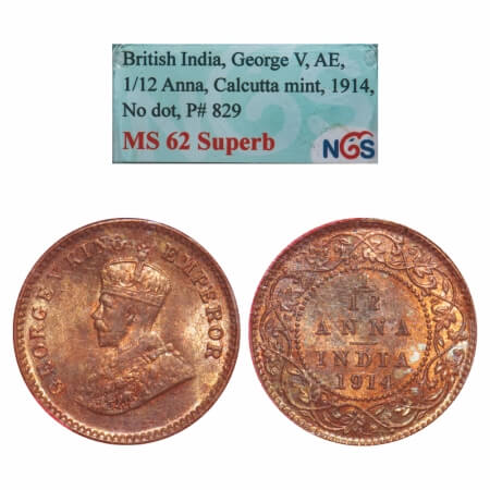 George V, Bronze, 1/12 Anna, 1914, Calcutta Mint, No dot. F. Prid 829. GK 1225. NGS Slabbe