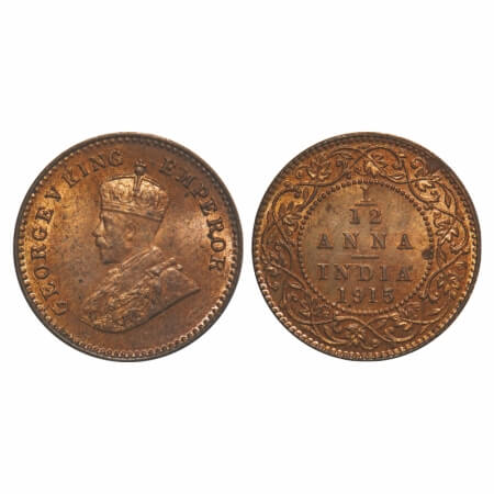 George V, Bronze, 1/12 Anna, 1915, Calcutta Mint, No dot. F. Prid 830. GK 1226. Mint State