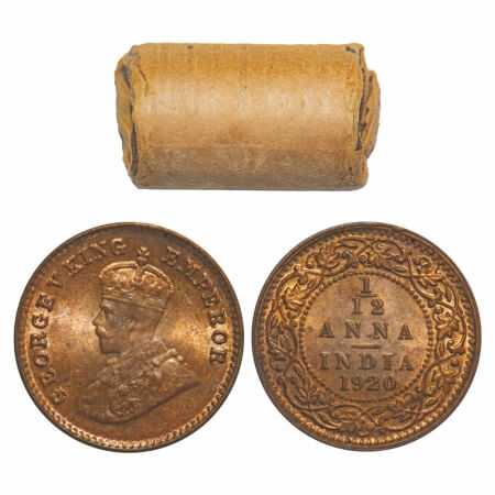 George V, Bronze, 1/12 Anna, (Roll of 24 coins), 1920, Calcutta Mint, No dot. Single mint 
