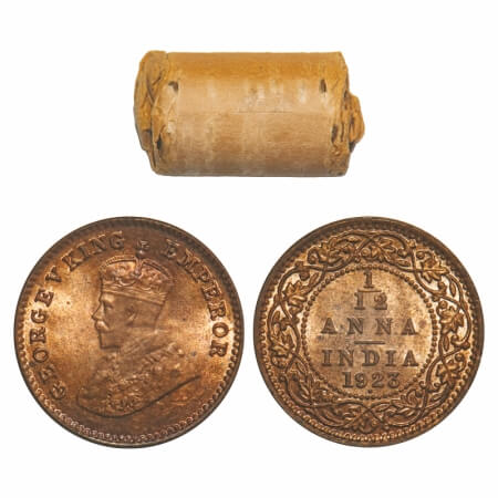 George V, Bronze, 1/12 Anna, (Roll of 24 coins), 1923, Bombay Mint, Dot. 24 Coins in Immac