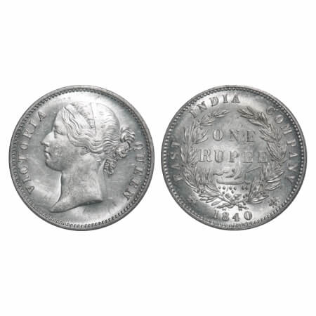 Victoria Queen, Silver, Rupee, 1840, DL, Calcutta Mint, W.W. raised, Wreath with 28 Berrie