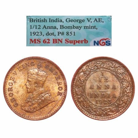George V, Bronze, 1/12 Anna, 1923, Bombay Mint, Dot. F. Prid. 851. GK 1233. NGS Slabbed MS