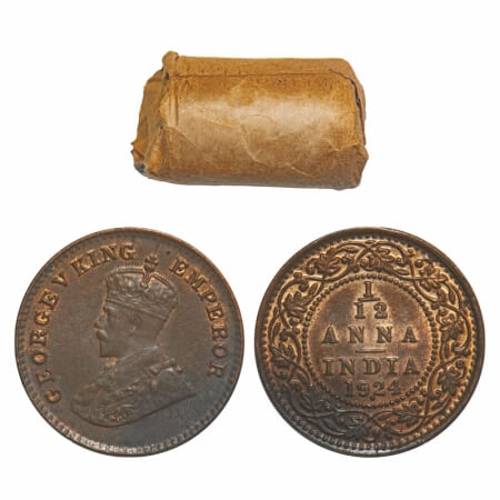 George V, Bronze, 1/12 Anna, 1924, (Roll of 24 coins), Bombay Mint, Dot, 24 coins in Immac