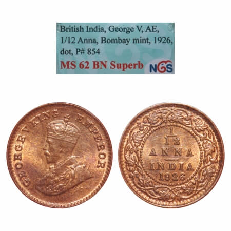 George V, Bronze, 1/12 Anna, 1926, Bombay Mint, Dot. F. Prid 854. GK 1239. NGS Slabbed MS 