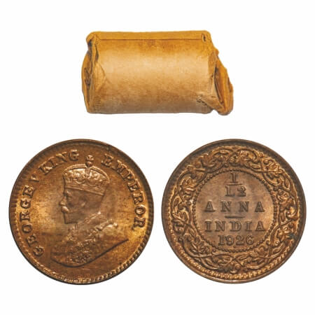 George V, Bronze, 1/12 Anna, (Roll of 24 coins), 1926, Bombay Mint, Dot. 24 Coins in Immac