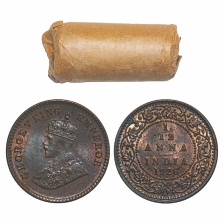 George V, Bronze, 1/12 Anna, 1926, (Roll of 24 coins), Calcutta Mint, No dot, 24 coins in 