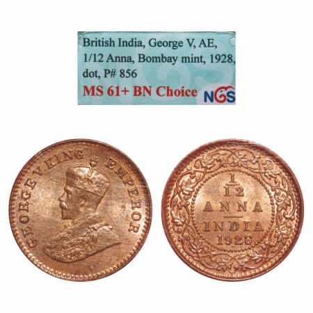 George V, Bronze, 1/12 Anna, 1928, Bombay Mint, Dot. F. Prid 856. GK 1243. NGS Slabbed MS 