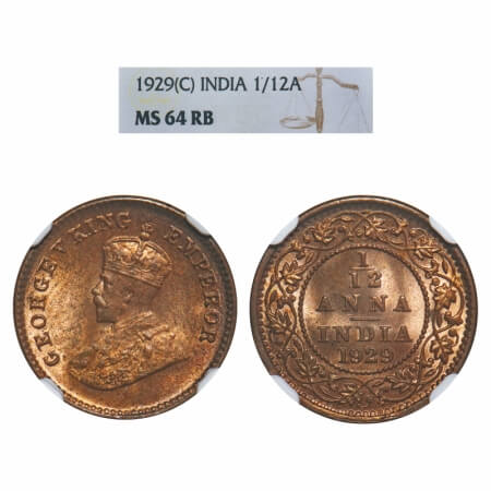 George V, Bronze, 1/12 Anna, 1929, Calcutta Mint, No dot. F. Prid 843. GK 1245. NGC Slabbe