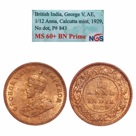 George V, Bronze, 1/12 Anna, 1929, Calcutta Mint, No dot. F. Prid 843. GK 1245. NGS Slabbe
