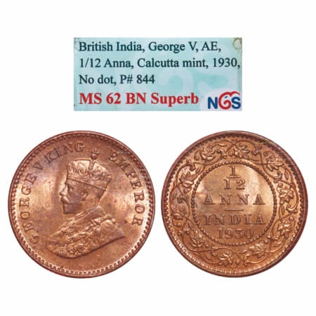 George V, Bronze, 1/12 Anna, 1930, Calcutta Mint, No dot. F. Prid 844. GK 1246. NGS Slabbe