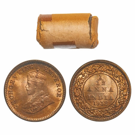 George V, Bronze, 1/12 Anna, (Roll of 24 coins), 1932, Calcutta Mint, No dot, Single mint 