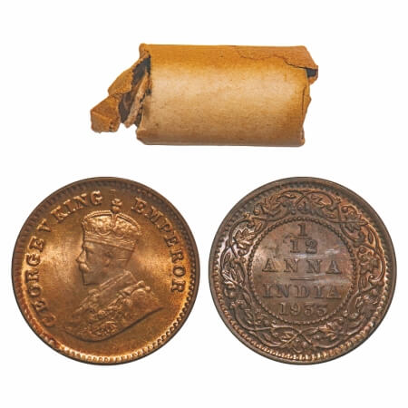George V, Bronze, 1/12 Anna, (Roll of 24 coins), 1933, Calcutta Mint, No dot, Single mint 