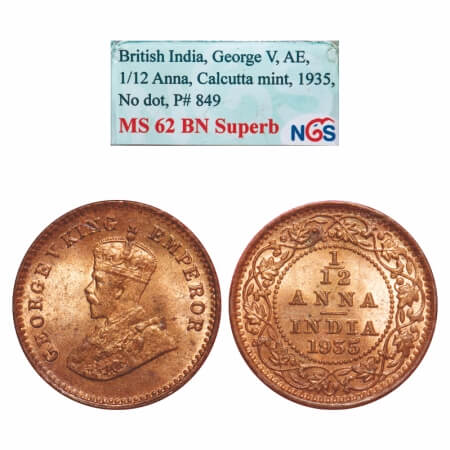George V, Bronze, 1/12 Anna, 1935, Calcutta Mint, No dot. F. Prid 849. GK 1251. NGS Slabbe