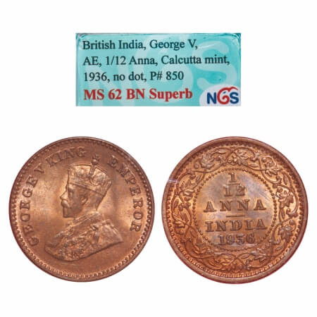 George V, Bronze, 1/12 Anna, 1936, Calcutta Mint, No dot. F. Prid 850. GK 1253. NGS Slabbe