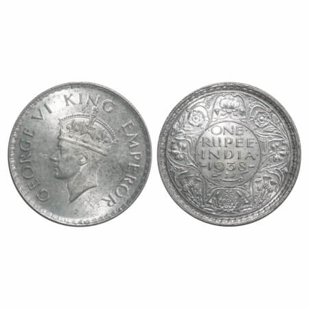 George VI, Silver, Rupee, 1938, Bombay Mint, A/I, No dot, Milled edge. F. Prid 233. GK 125