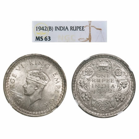 George VI, Half Silver, Rupee, 1942, Bombay Mint, B(a)/II, Diamond, Security edge. F. Prid