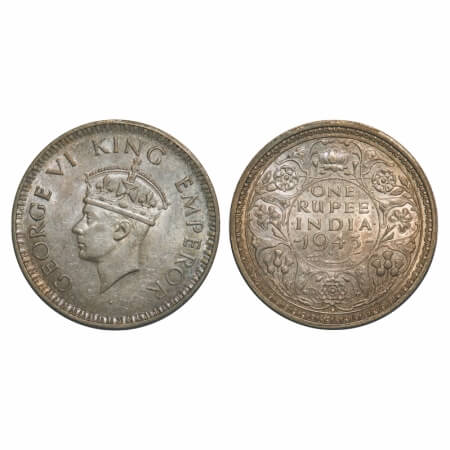 George VI, Half Silver, Rupee, 1943, Bombay Mint, A(b)/II, Diamond, Security edge, Small 3