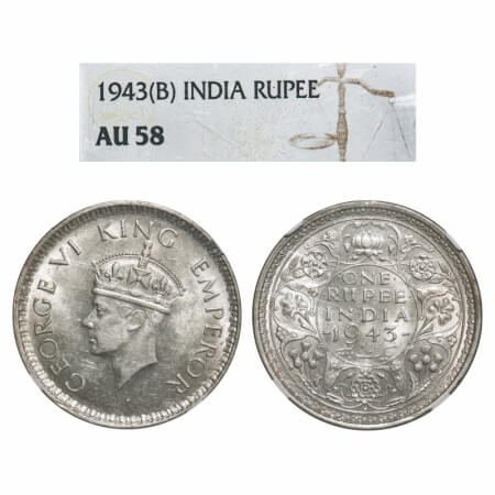 George VI, Half Silver, Rupee, 1943, Bombay Mint, A(b)/II, Diamond, Security edge, Small 3