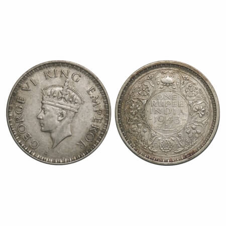 George VI, Half Silver, Rupee, 1943, Bombay Mint, A(b)/III, Diamond, Security edge, Large 