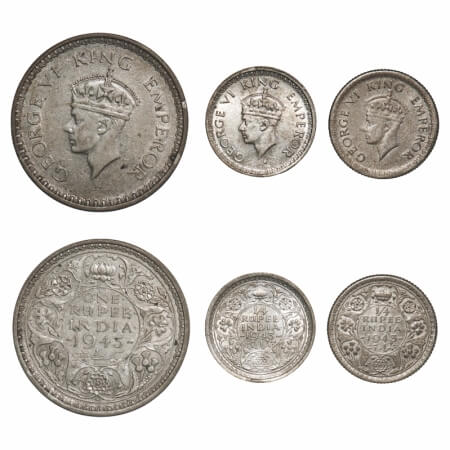 George VI, Half Silver, 1943 (3 coins), 1) Rupee, Bombay Mint, C/II, Diamond, Security edg