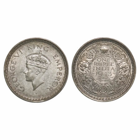 George VI, Half Silver, Rupee, 1943, Bombay Mint, C/II, Diamond, Security edge, Large 3. F