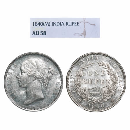 Victoria Queen, Silver, Rupee, 1840, DL, Madras Mint, W.W. 'B' raised, Wreath with 28 Berr