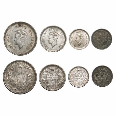 George VI, Half Silver, 1943 (4 coins), 1) Rupee, Bombay Mint, C/III, Diamond, Security ed