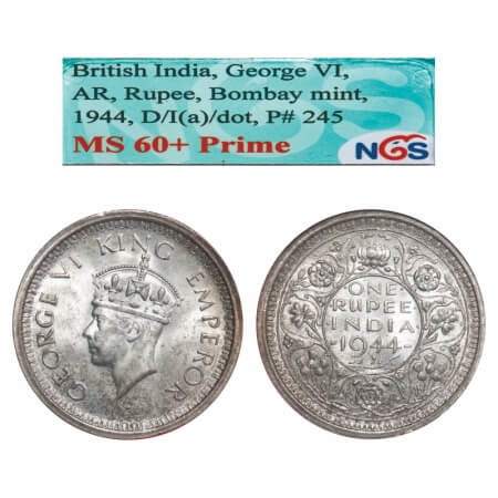 George VI, Half Silver, Rupee, 1944, Bombay Mint, D/II, Dot, Security edge. F. Prid. 245. 