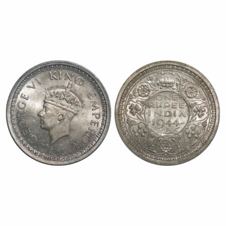 George VI, Half Silver, Rupee, 1944, Bombay Mint, D/II, Dot, Security edge, Ghost on Rev.