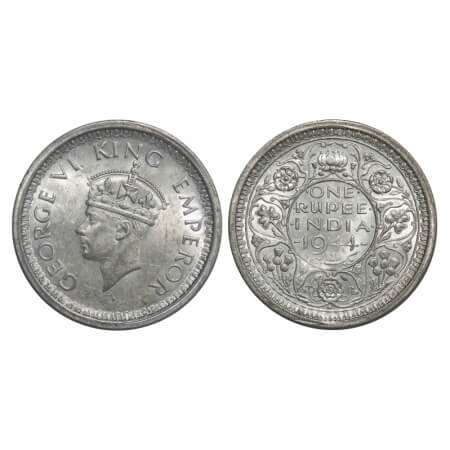 George VI, Half Silver, Rupee, 1944, Bombay Mint, B/II, Dot, Security edge. F. Prid 245. G