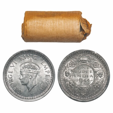 George VI, Half Silver, Rupee, 1944, (Roll of 20 coins), Bombay Mint, D/II, Dot, 20 coins 